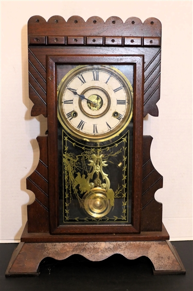 Mahogany Mantle Clock with Love Bird Door - Fancy Pendulum - Chiming Movement - Clock Case Measures 19" Tall 13" Across