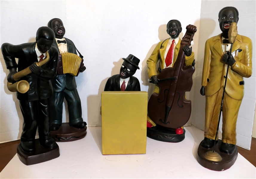 5 African American Jazz Band Chalkware Figures - Singer, Bass Player, Piano Man, Accordion Player, and Sax Player - Singer Measures 20" Tall - Sax Player Has Been Repaired 