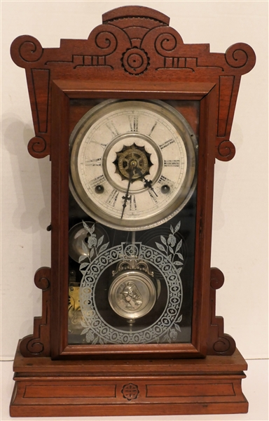 Waterbury Walnut Case Mantle Clock with Soldier Pendulum,  Chiming and Alarm Movement - Clock Measures 19 1/2" Tall 11 1/2" by 4" 