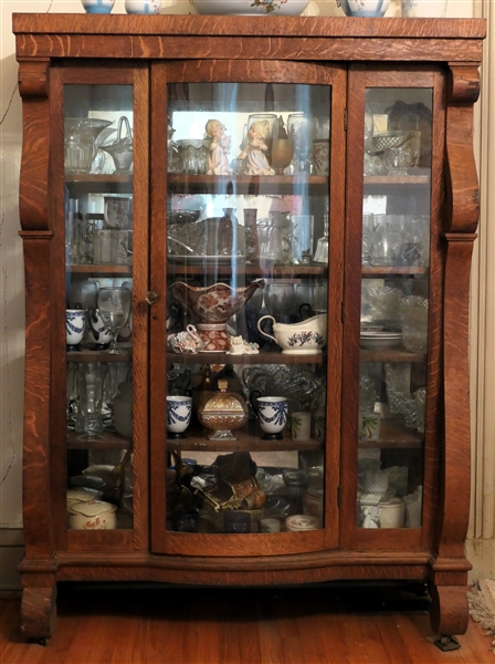 Quarter Sawn Oak China Cabinet - Scrolled Pilasters and Feet - Mirrored Back - Cabinet Measures 66" tall 47" by 18" -Some Minor Veneer Loss on Left Scroll 