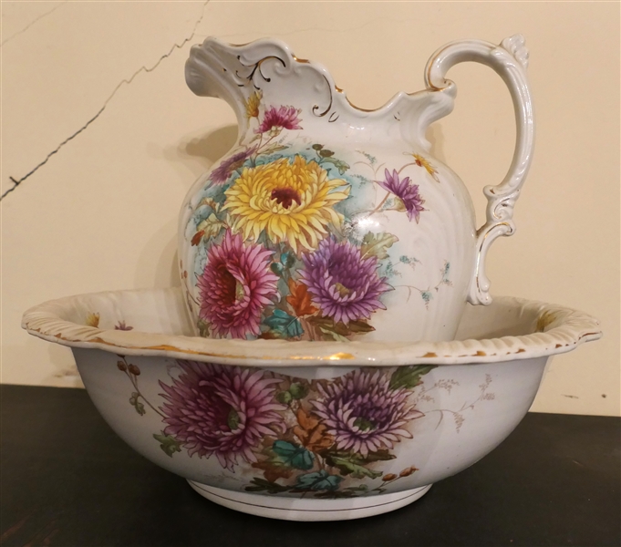 Pretty Floral Wash Bowl and Pitcher Set - White Ironstone with Flowers and Gold Accents 