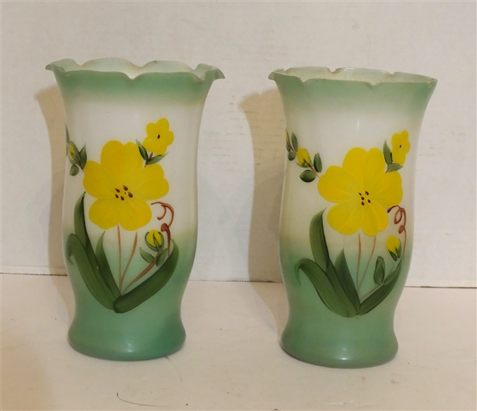 Pair of Bristol Glass Vases with Yellow Enamel Painted Flowers - Each Measures 8" Tall 