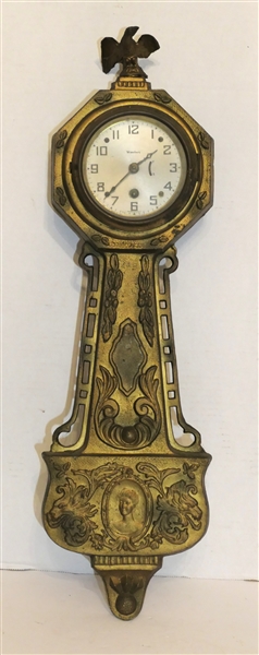 Waterbury Metal Federal Style Banjo Clock with Eagle Finial - Pat. Feb 1931 - Clock Measures 22" Long -  1 Eagle Wing is Broken 