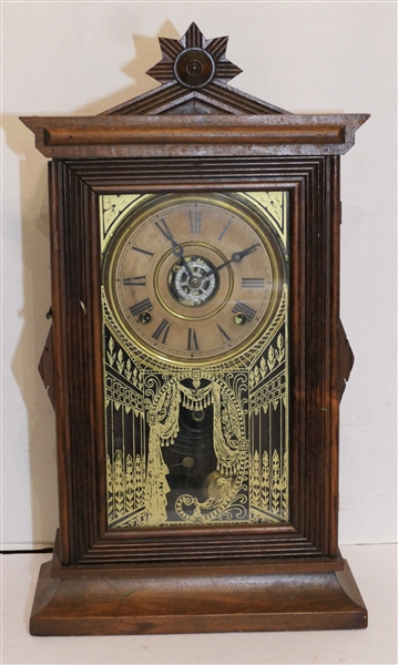 Mantle Clock with Chime and Alarm - Beautifully Gold Decorated Door - Running - Clock Measures 20" tall 11" by 5" 