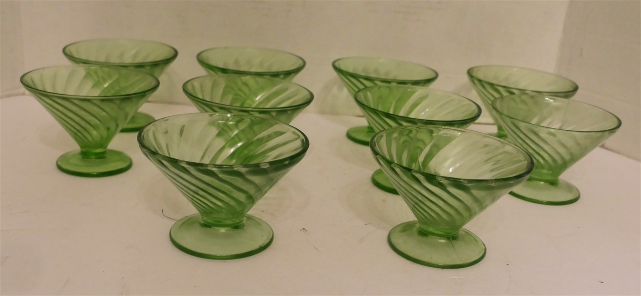 10 Green Depression / Uranium Glass Swirl Footed Sherbet Cups - 