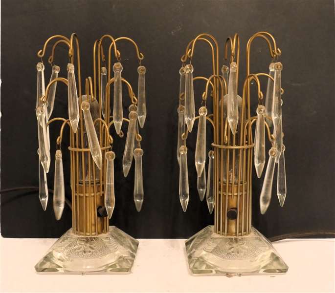 Pair of Crystal Art Deco Waterfall Boudoir Lamps - Crystal Bases - Each Measures 11" Tall 