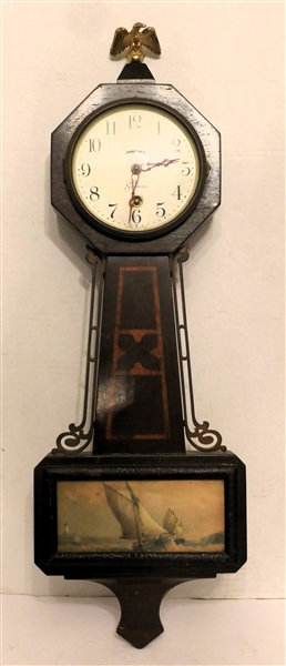 Sessions Mahogany Inlaid Federal Style Banjo Clock - Session Eight Day Lever Time - Gold Eagle Finial - Original Paper Label - Clock Measures 25" Long