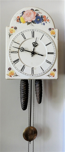 Enamel Floral Wall Clock with German Movement - Pinecone Weights - Clock Face Measures 12" by 8 1/2" 