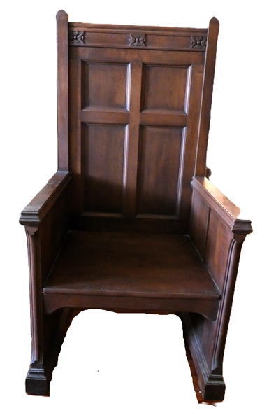 Carved Oak Bishops Chair - Measures 48" tall 26" by 23" 