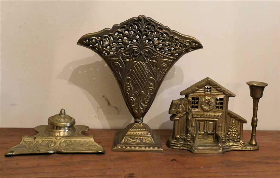 Brass Ink Well, Pierced Brass Fan Vase, and Brass Post Office Candle Holder - Fan Vase Measures 9" Tall 