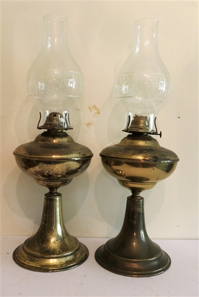 Pair of Brass Oil Lamps Each Laurel Wreath Chimney  