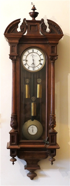 Johan Wodiejak Walnut Weight Driven Clock - Enamel Dial and Enamel Regulator Pendulum with Dial -With Key - Clock Measures 48" Tall 15" by 7"  Front and Side Glasses are Cracked - Dial Needs to Be...