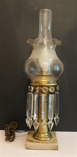 Brass Hurricane Lamp with Crystal Prisms - Marble Base - Lamp Measures 21" tall Overall 10" to Bulb - Missing 2 Crystals