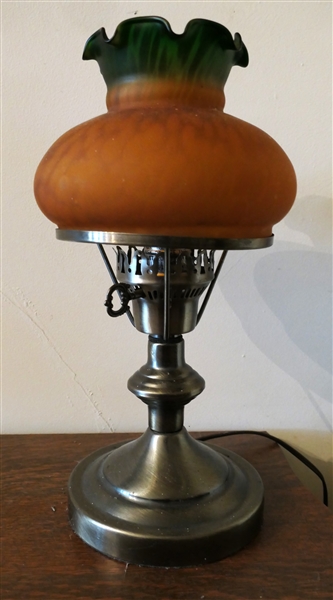 Antiqued Brass Table Lamp with Art Glass Orange and Green Shade - Lamp Measures 13" Tall 