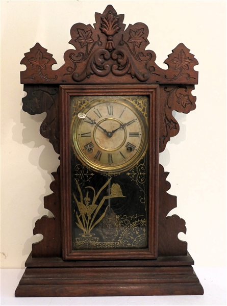 Welch Fancy Walnut Mantel Clock with Beautiful Pendulum -Gold Flowers and Butterflies on Glass Door - Clock Case Measures 22 1/2" Tal 15" by 5" 