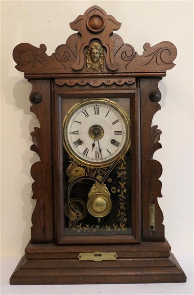 Sessions Walnut Jenny Lind Mantle Clock with Level and Thermometer - Place for 3rd Instrument - Fancy Pendulum - Clock is Running - Case Measures 24" Tall 15" by 12" 