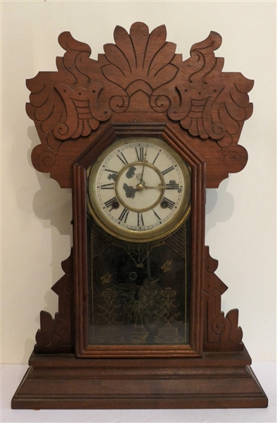 Waterbury Walnut Case Mantle Clock with Fancy Pendulum  and Key - Case Measures 22 1/2" Tall 15" by 5" 