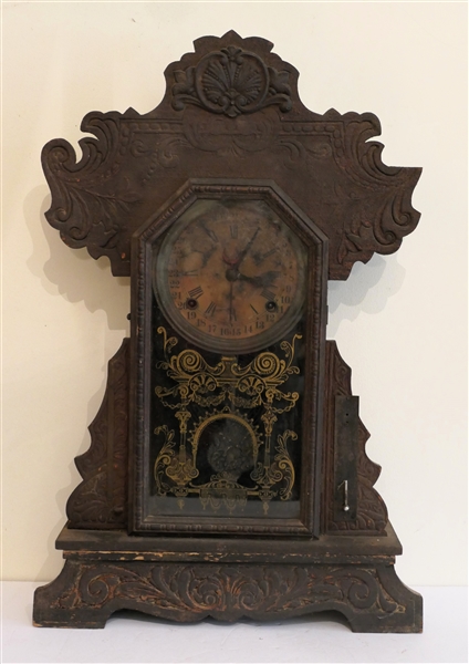 Ingraham Calendar Clock in Oak Case with Fancy Pendulum - Clock Needs Repair - Case Measures 22 1/2" Tall 15" by 5" 