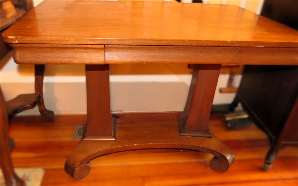 Mahogany Empire Style Library Table with Dovetailed Drawer - Scrolled Legs - Table Measures 30" tall 43" by 26 1/2" - Back Foot Need To Be Reglued 