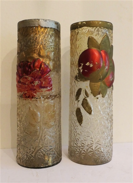 Pair of Goofus Glass Cylinder Vases with Pressed Flowers and Fruits - Each Vase Measures 9" tall 