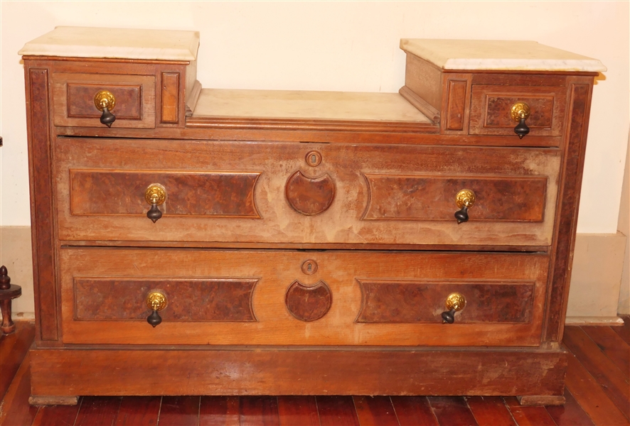 Walnut Victorian Dresser Base with Tear Drop Pulls - 2 Drawers over 2 Drawers - 3 Pieces of White Marble on Top - Dresser Measures 30" tall 45" by 18" 