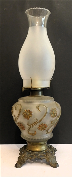 Flower Embosses Satin Glass Oil Lamp with Metal Base - Satin Glass Chimney - Gold Accents 