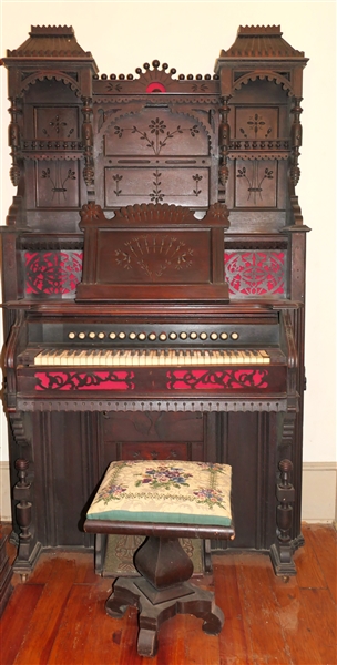 Extraordinarily Fancy Late 1800s Pump Organ with Stool - Original Finish - Very Ornate - By The Chicago Cottage Organ Company 