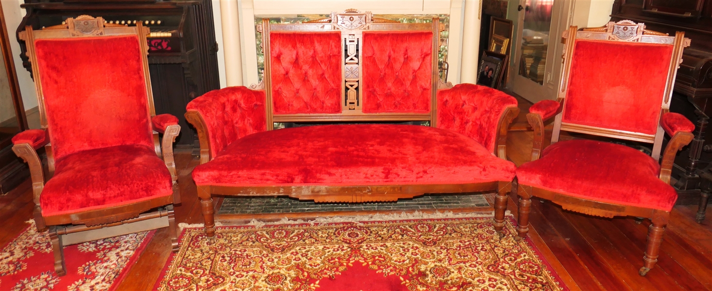 Walnut Victorian 3 Piece Parlor Set - Settee, Carpet Rocker, and Parlor Chair - Clean Red Velvet Upholstery 