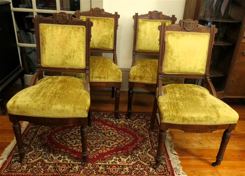 4 Walnut Victorian Parlor Side Chairs - Gold Velvet Upholstery 