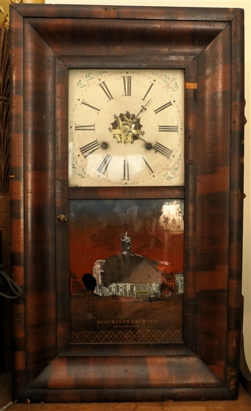 Pratt & Sons Weight Driven Ogee Case Striking  Clock - Merchants Exchange Philadelphia Reverse Painted on Glass - Case Measures 26" tall 15" by 4 1/2" - Some Paint Missing on Glass and Minor Area...