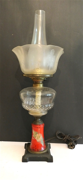 Unusual Oil Lamp with Floral Base, Flower Etched Font, Acid Etched Shade with Torches and Bows - Lamp Has Been Electrified - Measures 23" tall 