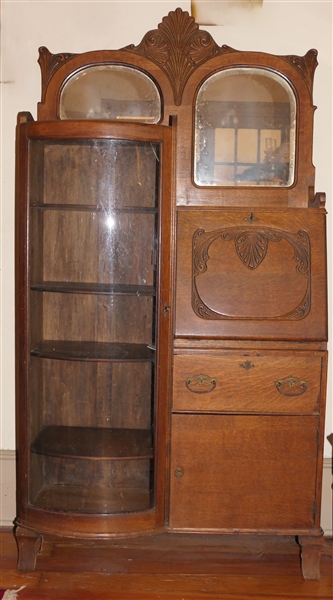 Oak Side By Side Secretary Books Case with Drop Down Desk - 2 Beveled Mirrors - Bowed Front Book / Display Case - Measures 74" tall 37" by 13" - Glass Has Been Replaced with Bowed Plexiglass 