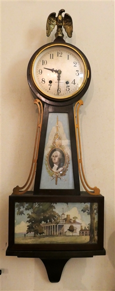 Seth Thomas Banjo Clock with George Washington and Mount Vernon - Clock Has Key and Pendulum -Brass Gallery and Eagle Finial -  Clock Measures 29" Long - 