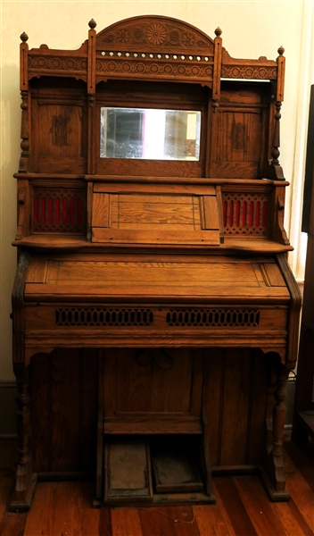 Oak Pump Organ with Beveled Glass Back - Lift Top Storage Compartment - Press Carved Top -One Top Section Is Missing Piece -  Organ Need Restoration - See Photos 