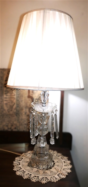 Hollywood Regency Crystal Table Lamp with Large Unusual Crystal Prisms - Nice Shade - Lamp Measures 19" To Bulb 