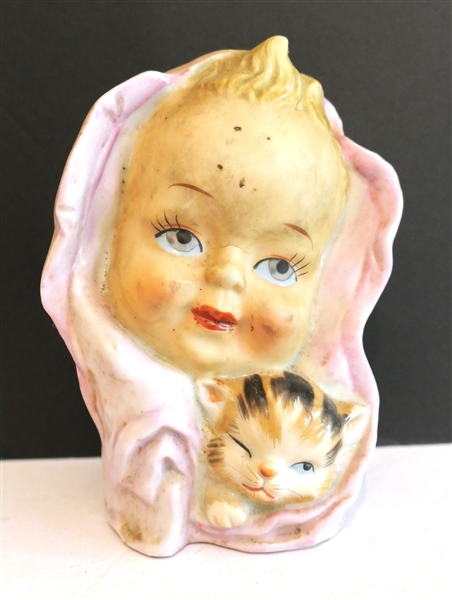 Baby Girl with Kitten Porcelain Head Vase - Measures 5 1/2" Tall 