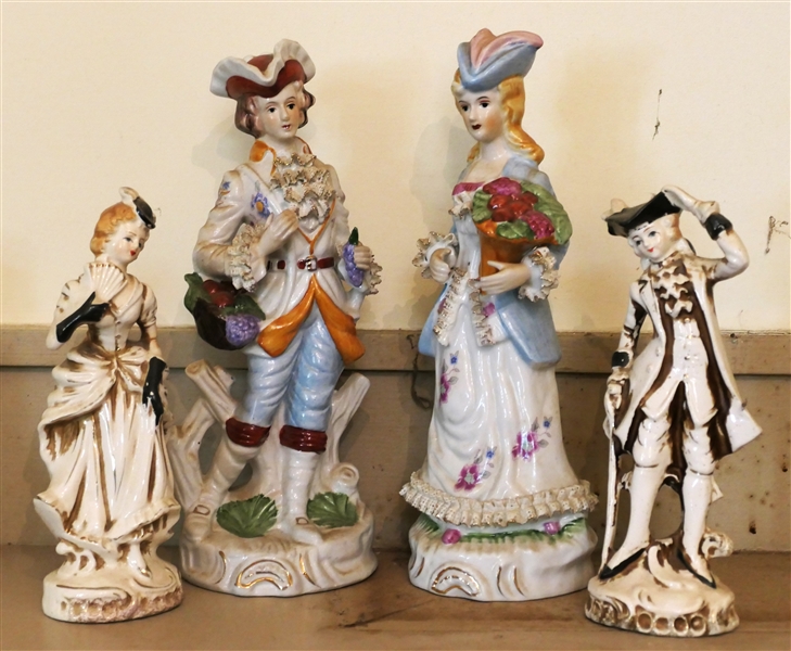 4 Porcelain Figures - Unsigned Larger Man & Woman, and  Suttons Creation Japan Smaller Figures - Measuring 8 1/2" Tall  