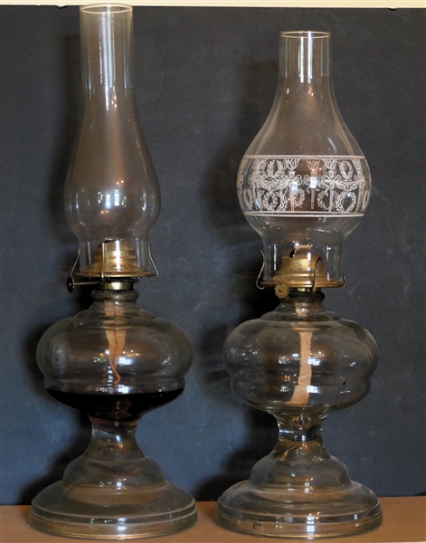 Matching Pair of Larger Slick Oil Lamps - One with Laurel Leaf Chimney - Each Lamp Measures 9 1/2" To Burner