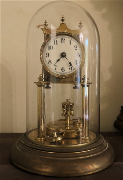 German Anniversary Clock with White Porcelain Dial - Metal Base Glass Dome - With Key Inside - Clock Measures 12" Tall Overall 