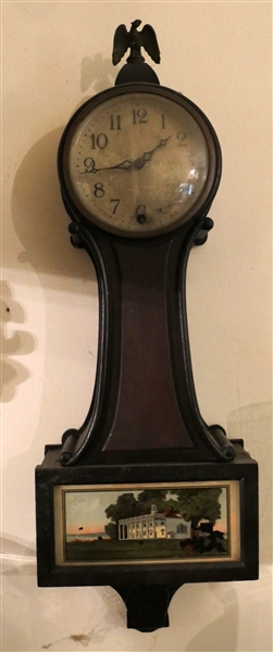 Mahogany Case Banjo Clock with Reverse Painted Mount Vernon Scene - Eagle Finial - Measures 24" Long 