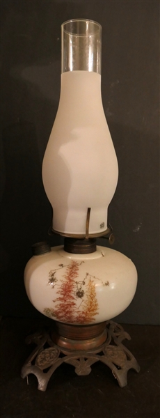 Victorian Oil Lamp with Metal Base - Burner and Chimney -Hand Painted Font - Lamp Measures 9" to Burner