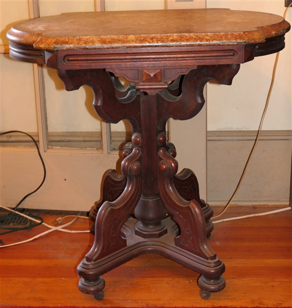 Walnut Victorian Turtle Top Table with Faux Marble Painted Slate Top - Fancy Pedestal Base- Table Measures 29" tall 29 3/4" by 20 1/2" - One Chipped Area Under Rim on One Side - 