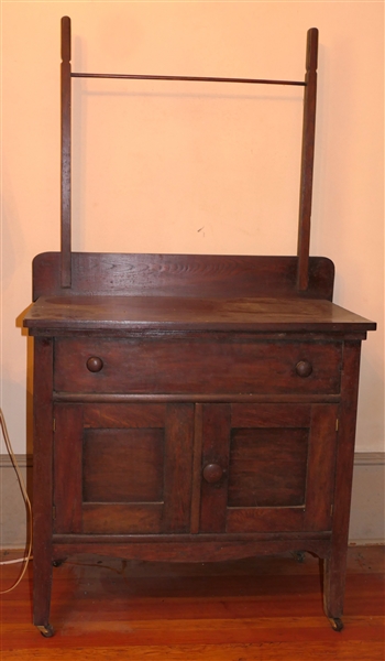 Washstand with Original Finish - Towel Bar - Dovetailed Drawer - Blind Doors At Bottom - Measures 29 1/2" Tall 30" by 17" Not Including Backsplash and Towel Bar