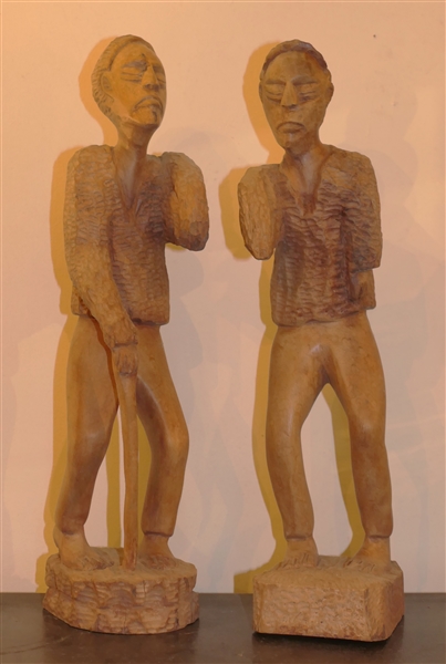 Pair of Hand Carved African Figures - Each Carved From a Single Piece of Wood - Man with Stick Measures 17 1/2" Tall 