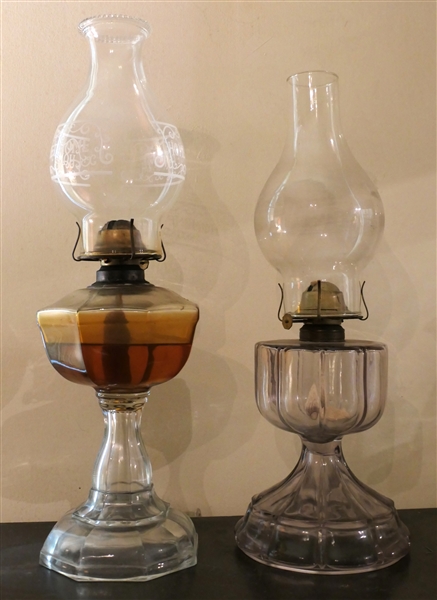 2 Clear Glass Oil Lamps - 1 with Paneled Sides and Home Sweet Home Chimney  and 1 With Fluted Sides and Base 