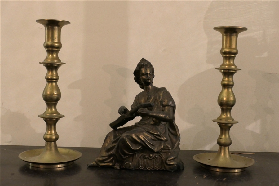 Pair of Brass 9" Candle Sticks and Zinc Woman Musician Statue 