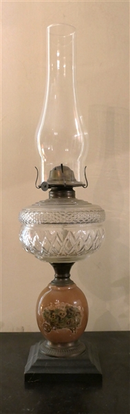 Victorian Oil Lamp with Metal Base - Floral Pedestal - Press Glass Font 