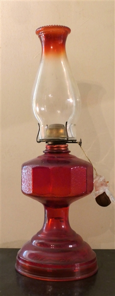 1970s Red Oil Lamp with Matching Red Tipped Chimney - Lamp Measures 10" Tall  To Burner 