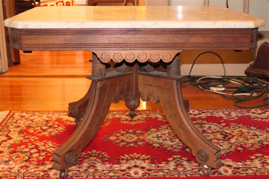 Walnut Victorian Marble Top Coffee Table - Marble Top with Cut Corner and Beveled Edges - Table Measures 19" Tall 21" by 30" 