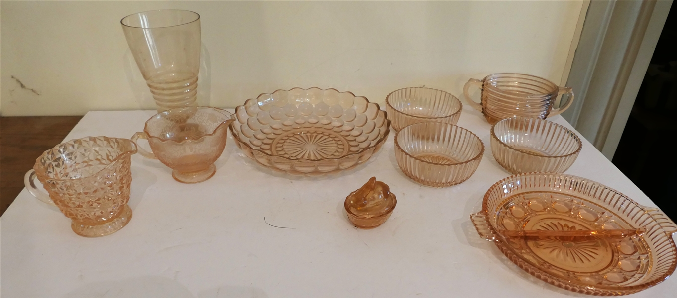 10 Pieces of Pink Depression Glass including Daisy Button Creamer, Miniature Rabbit on Nest, Manhattan Sugar Dish 